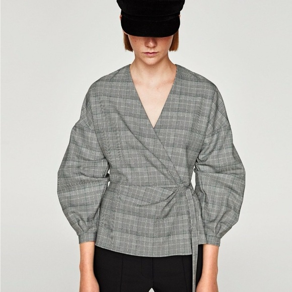 ZARA | Black and White Checkered Wrap Blouse Top Blazer with Puff Sleeves - Picture 11 of 16
